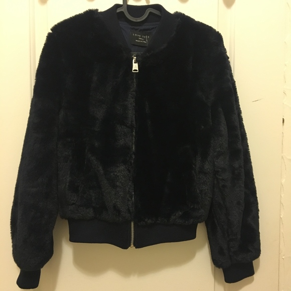 Love Tree Jackets & Blazers - Love Tree Faux Fur Navy Bomber Jacket